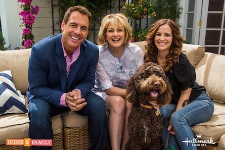 Mark Steines, Cristina Ferrare, Rebecca Budig and her dog Woody Photo: Copyright 2015 Crown Media Family Networks/Photographer: Jeremy Lee