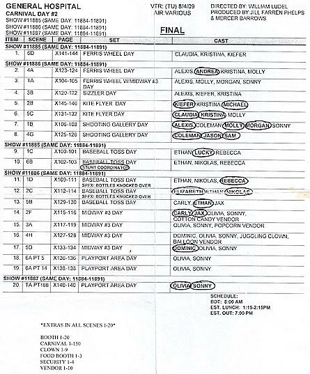 General Hospital Carnival Scenes Call Sheet